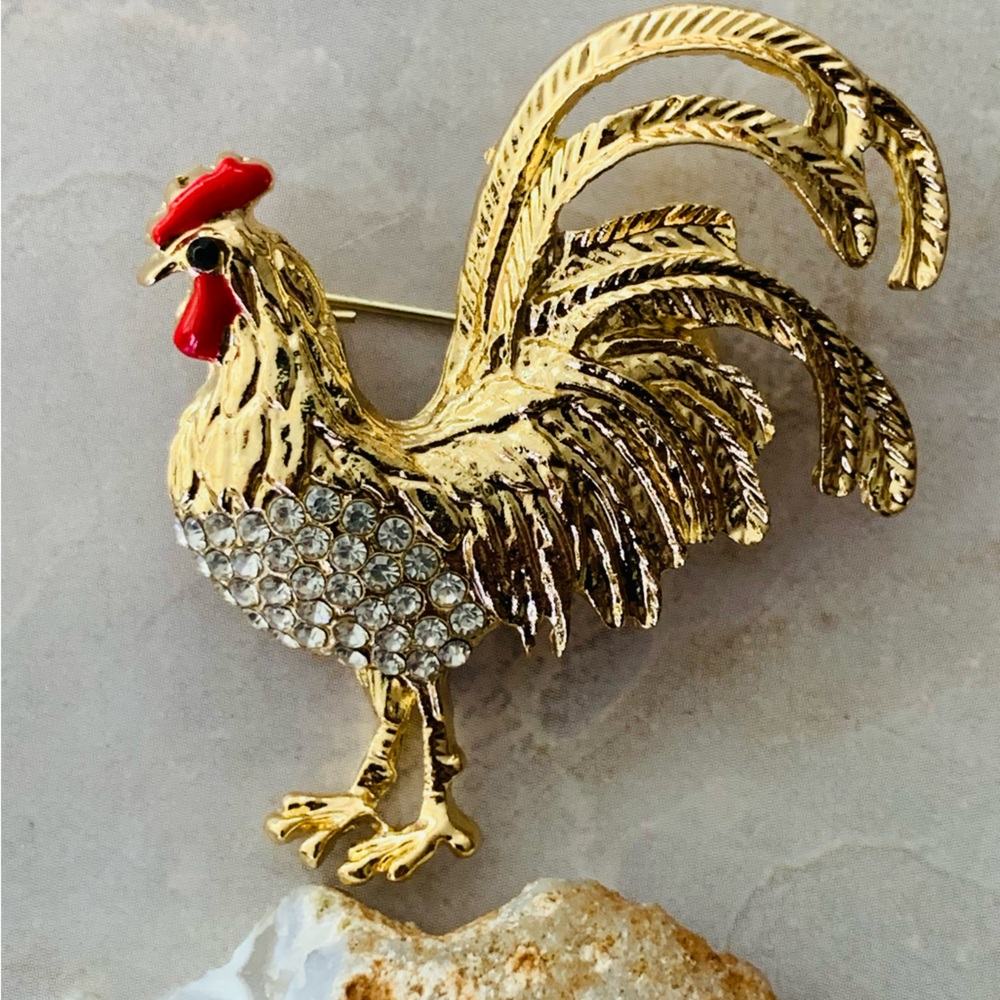 Golden Rooster Brooch with Red and Crystal Accents